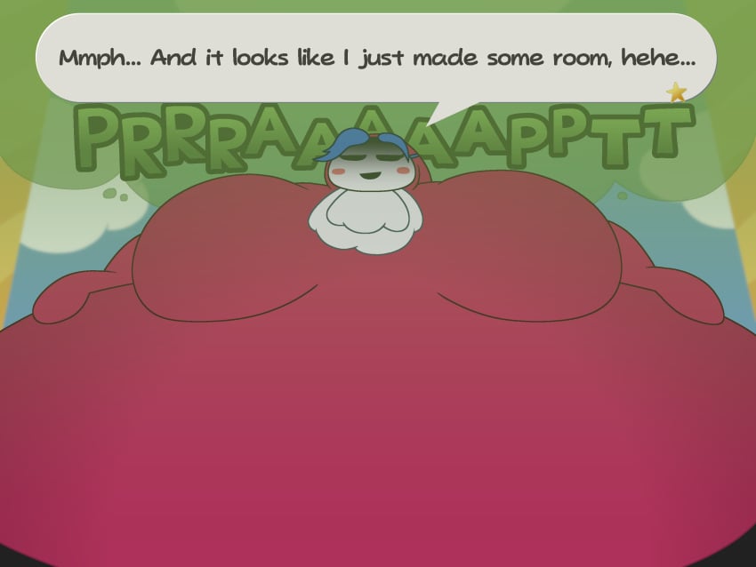 accurate_art_style alternate_version belly blue_hair breasts breasts_bigger_than_head burping fart fart_cloud giantess gourmet_guy hoodie huge_belly mario_(series) mask minoscule overweight overweight_female paper_mario red_clothing rule_63 shy_gal ssbbw stuffed_belly talking_to_viewer text