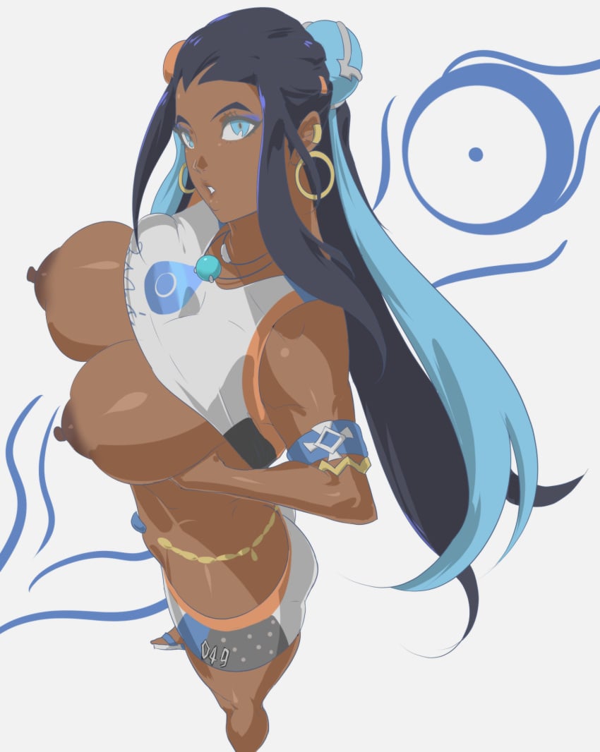 1girls 2019 alternate_breast_size areolae armlet ass bare_shoulders big_breasts black_hair blue_eyes blue_hair breasts cameltoe clothed clothing dark-skinned_female dark_skin earrings erect_nipples eyebrows eyelashes eyeshadow feet female female_only gym_leader hair hoop_earrings huge_breasts human jewelry large_breasts lips long_hair looking_at_viewer makeup multicolored_hair muscular muscular_female muscular_thighs necklace nessa_(pokemon) nintendo nipples pokemon pokemon_ss shirt shirt_lift shorts solo standing tenchizone text thick_thighs