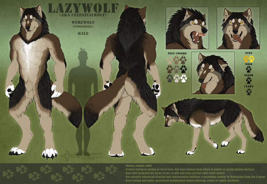 animal_genitalia anthro balls canid canine canis cedarwolf celestialwolf claws english_text feral footprint fur human lazywolf male mammal model_sheet open_mouth pawprint paws sheath size_difference solo standing text tongue were werecanid werecanine werewolf wolf