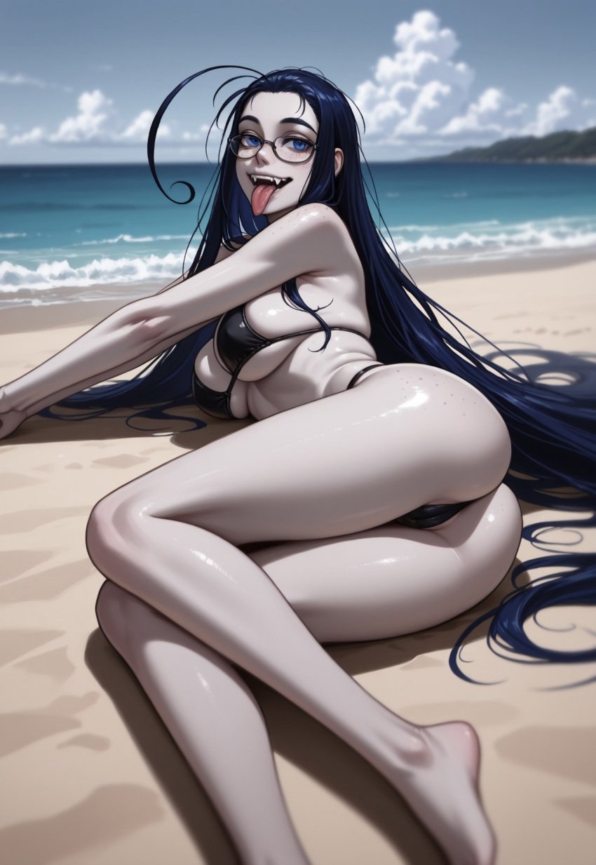 ai_generated antenna_hair beach big_ass big_breasts big_butt bikini blue_eyes blue_hair breasts chaesprison_(artist) creepy german_female glasses hellsing long_hair pale-skinned_female pale_skin rip_van_winkle tongue tongue_out vampire vampire_girl very_long_hair