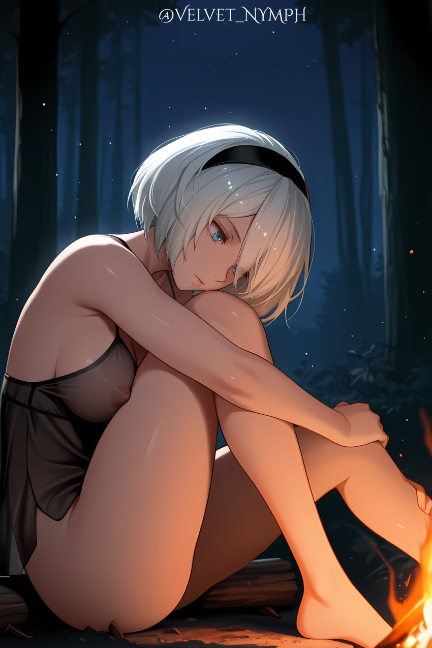 1girls ai_generated blue_eyes bonfire camisole covered_nipples female hard_nipples nier:_automata night night_sky no_bra no_panties see-through see-through_clothing solo velvet_nymph white_hair yorha_2b