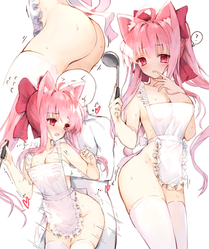 >_< 1boy :3 ? absurdres ahoge animal_ear_fluff animal_ears apron ass bangs bare_arms bare_shoulders blush bow breasts cat_ears cleavage closed_eyes closed_mouth commentary eyebrows_visible_through_hair female frilled_apron frills hair_between_eyes hair_intakes hairbow heart high_ponytail highres holding ladle large_breasts long_hair looking_back multiple_views naked_apron nose_blush original pink_hair ponytail red_bow red_eyes sex simple_background spoken_question_mark sweat symbol_commentary tandohark tears thighhighs trembling very_long_hair white_apron white_background white_legwear