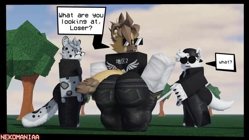 3boys 3d ass_focus bully canine cat_boy english_text feline femboy furry furry_only hyena maine_coon male male_only nekomaniaa roblox roblox_avatar robloxian self_upload snow_leopard tagme