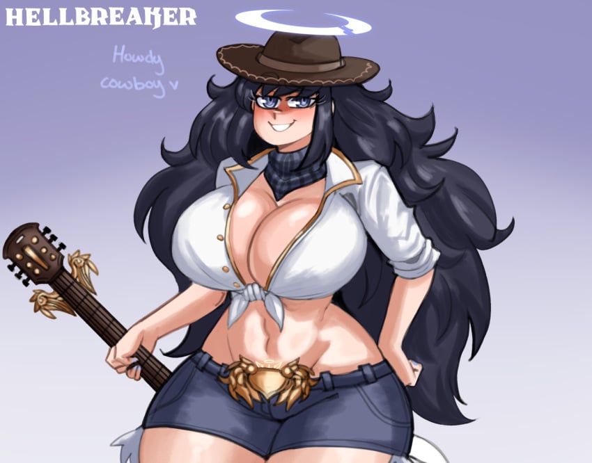 abs angel angel_girl big_hair blue_eyes blush breasts child-bearing_hips cleavage commission cowboy_hat cowgirl crotch_tattoo curvaceous curvaceous_female curvy denim_shorts digital_media digital_media_(artwork) doocen female guitar halo helltaker hourglass_figure huge_breasts large_breasts long_hair looking_at_viewer magic_tattoo midriff muscle_girl neckerchief sathanas_(second_circle) shorts solo_female very_long_hair voluptuous voluptuous_female wide_hips