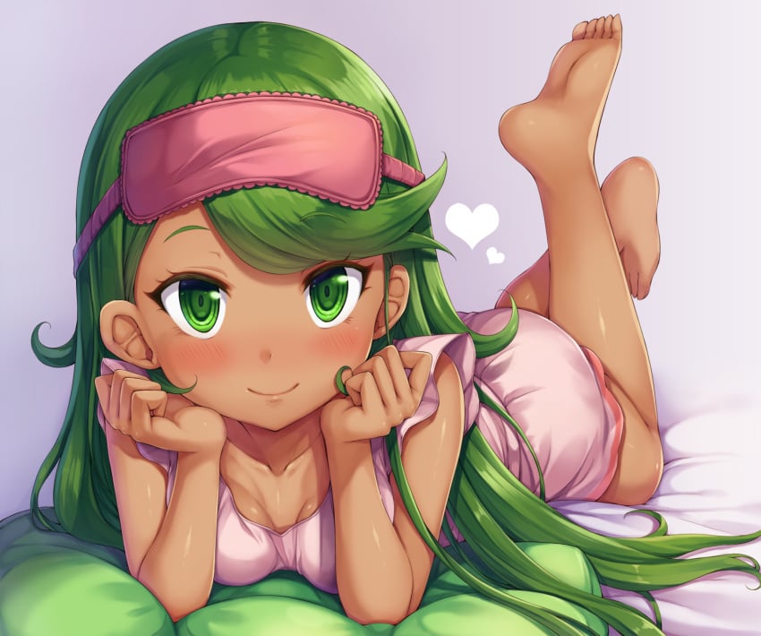 1girls barefoot bed blush cute dark-skinned_female feet female_only green_eyes green_hair human legs_up long_hair looking_at_viewer lying_on_stomach mallow_(pokemon) nightgown on_stomach pajamas pokemon pokemon_sm seductive sleeping_mask smile snowcanvas soles solo_female tanned_skin the_pose toes young