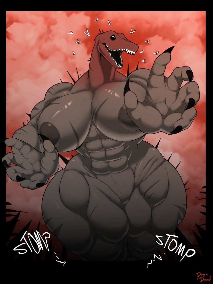 abs absurd_res anthro areola belly big_breasts bodily_fluids breasts closed_eyes dark_areola digital_media_(artwork) drydude english_text female front_view godzilla_(series) godzilla_bloodbath grey_body hi_res huge_breasts kaiju monster monsterverse muscular muscular_female non-mammal_breasts nude open_mouth reptile scalie solo spikes spikes_(anatomy) text thick_thighs toho wide_hips