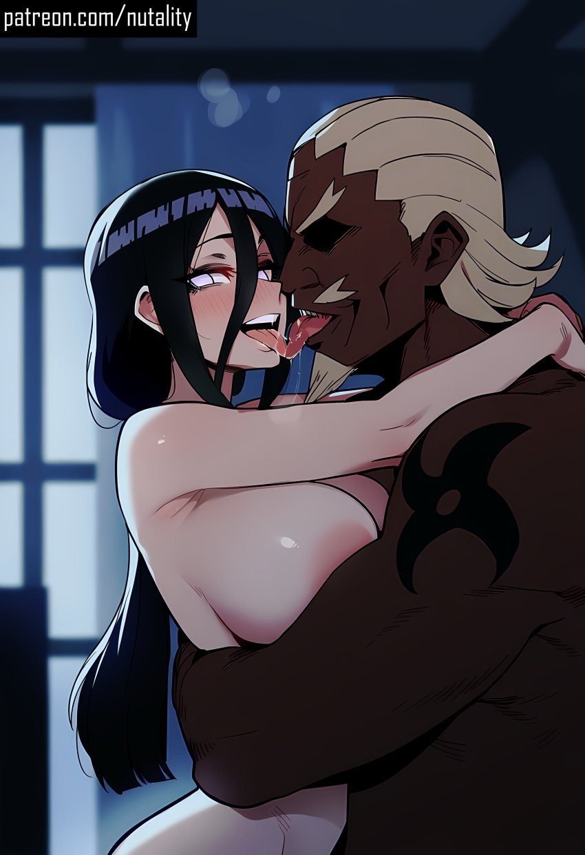 1boy 1girls ai-created ai_generated areolae bangs bare_shoulders big_breasts black_hair blush bodily_fluids boruto:_naruto_next_generations breast_squeeze breasts breasts_out_of_clothes completely_naked completely_naked_female completely_nude completely_nude_female completely_nude_male curvy curvy_body curvy_female dark-skinned_male dark_skin exposed_breasts female french_kiss hair_between_eyes high_resolution huge_breasts hugging hyuuga_hanabi indoors interracial kissing large_breasts long_hair looking_at_viewer male muscular naked naked_female naked_male naruto naruto:_the_last naruto_(series) naruto_shippuden night nipples no_bra no_pupils nude nutality obi off_shoulder on_top open_clothes open_kimono open_mouth patreon raikage smile smiley_face smiling smiling_at_viewer tongue tongue_kiss tongue_out