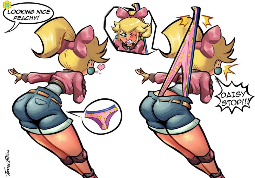 angry annoyed ass_focus big_ass biker_peach blush euf humiliation mario_(series) mario_kart mario_kart_world nintendo official_alternate_costume panties pink_panties princess_daisy princess_peach princess_peach_(touring) print_panties shorts speech_bubble tomtomtomthetom underwear wedgie wedgie_fetish