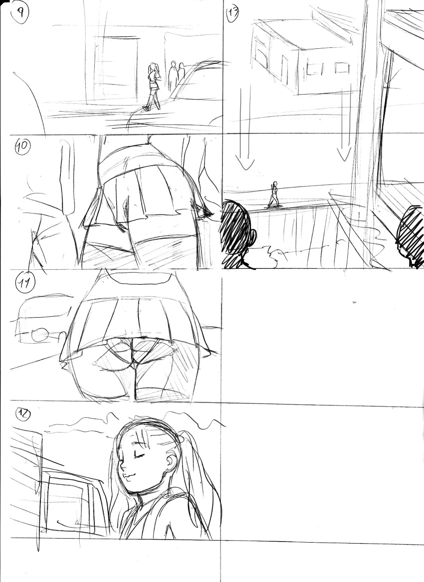 1girls ass comic lisa_(tekuho) monochrome outdoors panties rough_sketch schoolgirl sketch skirt tekuho twintails upskirt walking