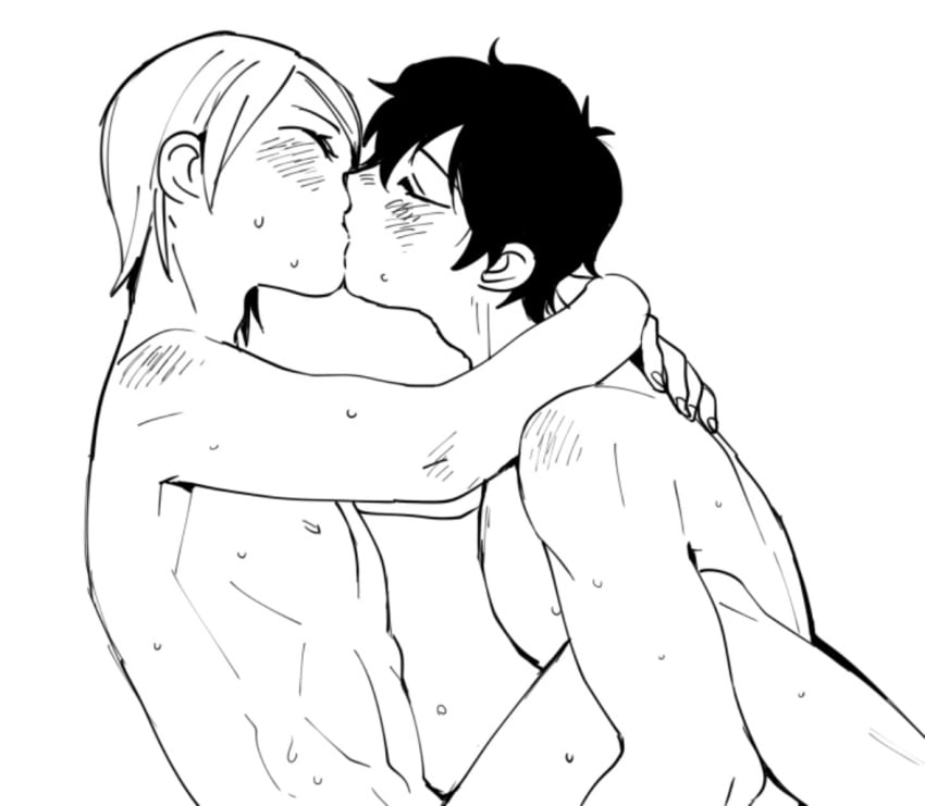 2boys arms_around_neck black_and_white black_hair blush ebizarashi gay joker_(persona) kissing lifting_leg male persona persona_5 pretty_boy ren_amamiya skinny sweat yaoi yusuke_kitagawa