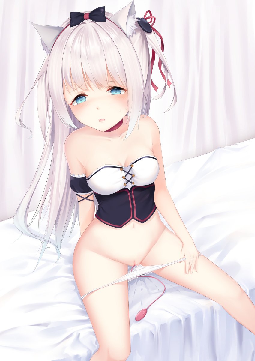 absurdres animal_ear_fluff animal_ears azur_lane bangs bare_shoulders bed black_bow blue_eyes blush bow bow_panties breasts cat_ears cat_hair_ornament choker collarbone eyebrows_visible_through_hair female grey_hair groin hair_ornament hair_ribbon hammann_(azur_lane) hand_up highres karin_(fineyanny) long_hair looking_at_viewer medium_breasts navel on_bed one_side_up panties panty_pull parted_lips pulled_by_self pussy pussy_juice pussy_juice_stain red_choker red_ribbon remote_control_vibrator ribbon saliva sidelocks sitting sitting_on_bed solo uncensored underwear vaginal_penetration very_long_hair vibrator white_panties