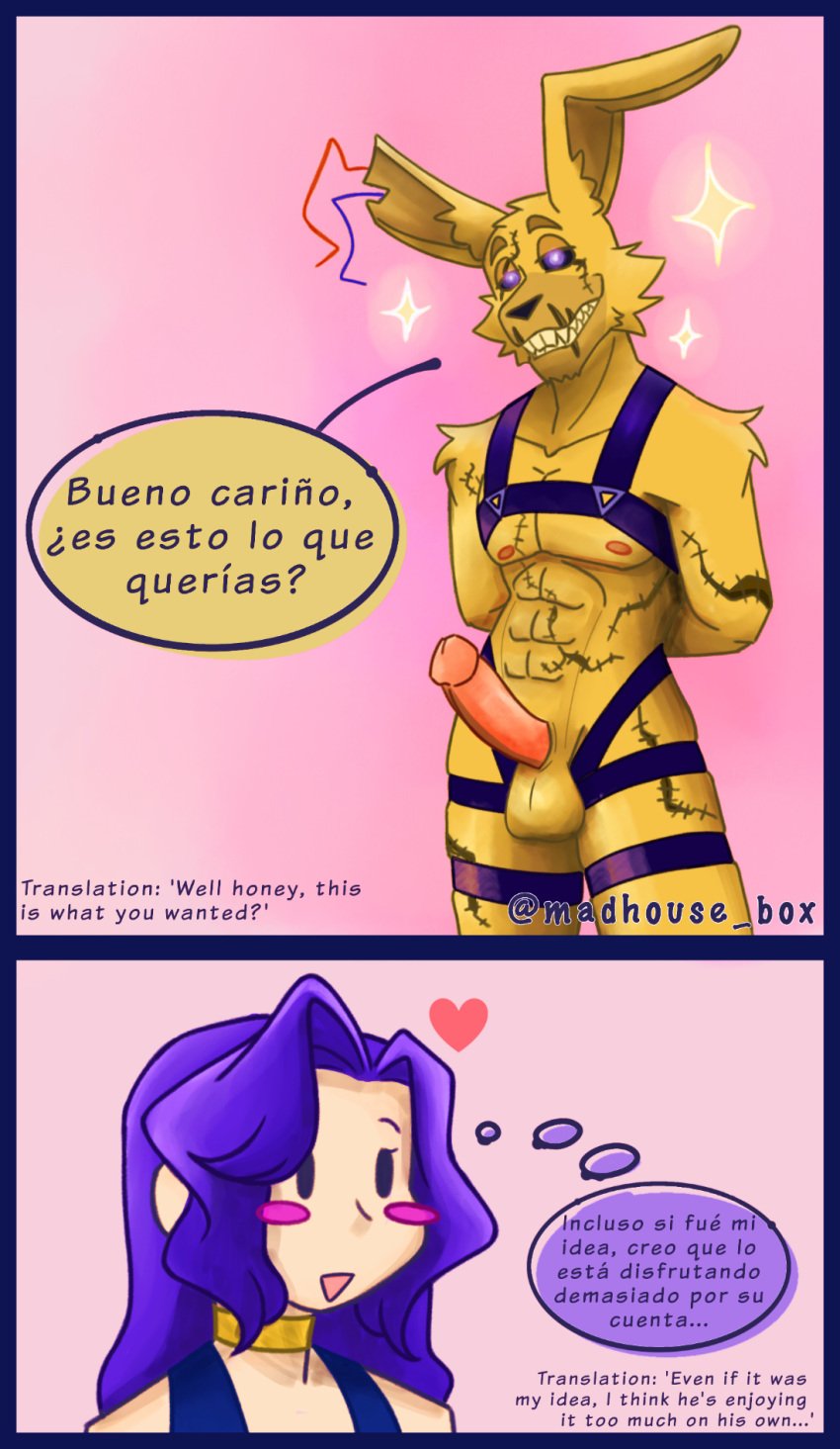 1boy 1boy1girl 1girls 2_panel_comic 6_pack abs anthro anthro_focus anthro_male arms_behind_back athletic athletic_anthro athletic_male ballora ballora_(fnafsl) balls bdsm_gear bdsm_harness bdsm_outfit black_sclera blush blush_stickers blushing_female bondage bondage bondage_gear bondage_harness bondage_outfit broken_ear bunny choker cock couple couple_(romantic) dark_sclera dialogue dick digital_drawing_(artwork) digital_media_(artwork) english_translation erect_penis erection female five_nights_at_freddy&#039;s five_nights_at_freddy&#039;s:_sister_location five_nights_at_freddy&#039;s_3 floppy_ear fnaf fur fur_tuft furry furry_focus furry_male golden_choker harness heart heart_symbol human human_female lagomorph language_request madhouse_box male male_focus male_furry male_nipples no_penetration no_sex open_mouth penis pink_cock pink_penis plain_background png purple_eyes purple_eyes_male purple_hair purple_hair_female rabbit scar scars scars_all_over shipping simple_background six_pack six_pack_abs smile smiling smiling_at_partner sparkle sparkles springtrap springtrap_(fnaf) standing standing_up testicles thought_bubble translated two_panel two_panel_image two_panels wires