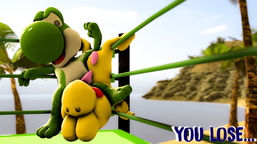 16:9 3_toes 3d 3d_(artwork) anthro beach bodily_fluids digital_media_(artwork) duo feet fighting_ring green_yoshi hi_res koopa_troopa male male/male mario_(series) nintendo nude penis peterheat reptile scalie seaside source_filmmaker sweat toes video_games water wrestling yoshi