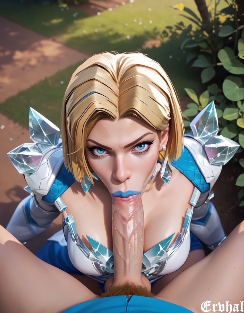 1boy :&gt;= ai_generated blonde_female blowjob blue_eyes blue_lipstick bob_cut caucasian caucasian_female caucasian_male emma_frost emma_frost_(marvel_rivals) ervhalblonde_hair female legs lipstick male marvel marvel_comics marvel_rivals milf pov saliva short_hair solo spread_pussy stable_diffusion thick_thighs x-men