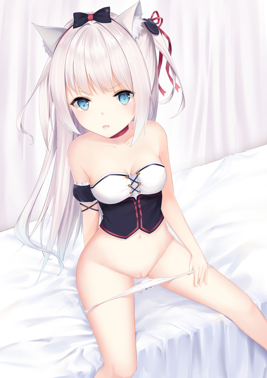 absurdres animal_ear_fluff animal_ears azur_lane bangs bare_shoulders bed black_bow blue_eyes bow bow_panties breasts cat_ears cat_hair_ornament choker collarbone commentary_request eyebrows_visible_through_hair female grey_hair groin hair_ornament hair_ribbon hammann_(azur_lane) hand_up highres karin_(fineyanny) long_hair looking_at_viewer medium_breasts navel on_bed one_side_up panties panty_pull parted_lips pulled_by_self pussy red_choker red_ribbon ribbon sidelocks sitting sitting_on_bed solo uncensored underwear very_long_hair white_panties