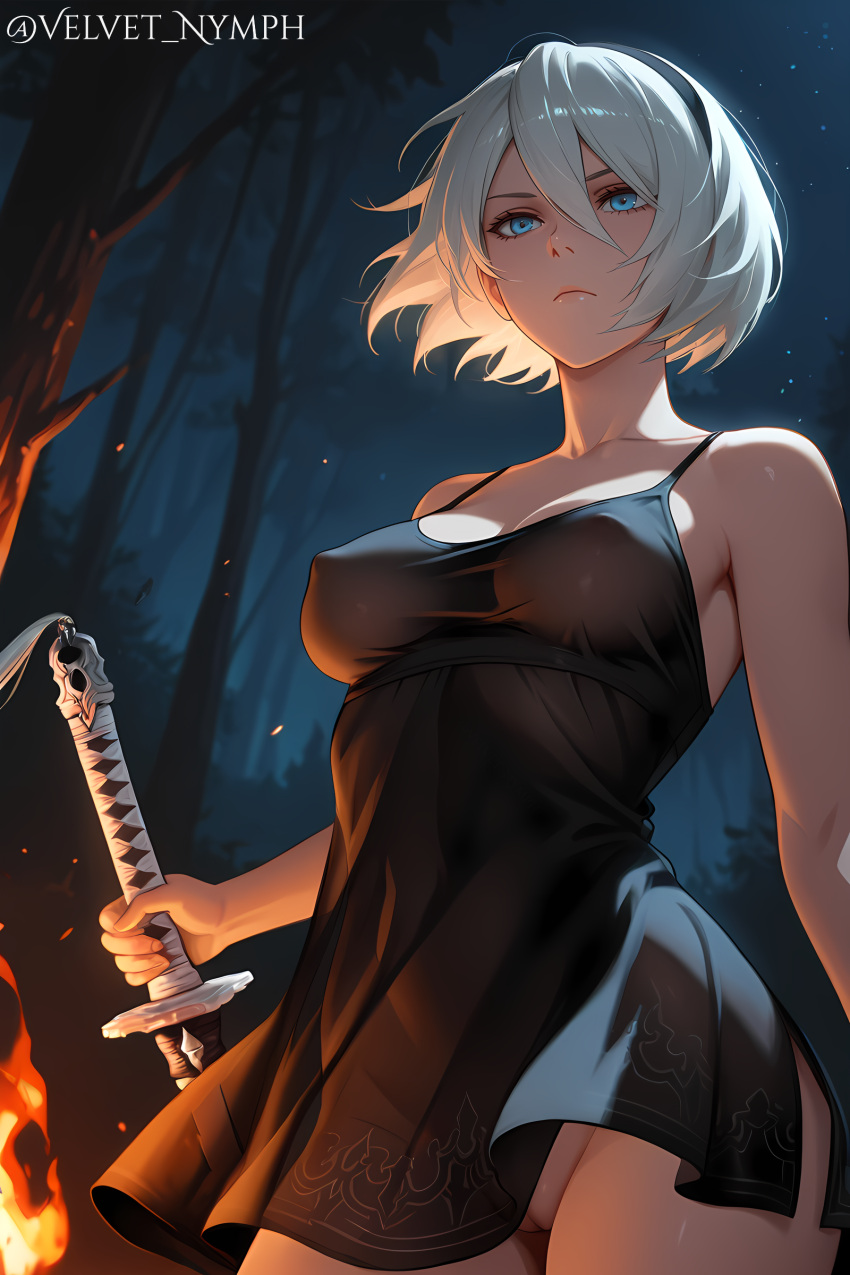 1girls ai_generated blue_eyes bonfire camisole covered_nipples female hard_nipples nier:_automata night night_sky no_bra no_panties see-through see-through_clothing solo velvet_nymph white_hair yorha_2b