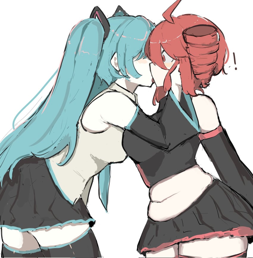 ! 2girls absurd_res absurd_resolution absurdres armwear bare_midriff bare_shoulders big_breasts black_armwear black_skirt blue_hair blush blush_lines blush_stickers breasts busty chubby chubby_female drill_hair duo duo_focus exposed_midriff fatass_teto_plush female female/female female_focus female_on_female female_only french_kiss french_kissing hair_covering_eye hair_covering_eyes hair_over_eyes hand_on_cheek hand_on_face hatsune_miku hi_res high_resolution highres kasane_teto kissing large_breasts lesbian_kiss light-skinned_female light_skin melink_(artist) meme midriff navel passionate red_eyes red_hair sideboob simple_background skirt slightly_chubby slightly_chubby_female thick_thighs thighs tongue tongue_kiss tongue_out tummy utau vocaloid white_background yuri