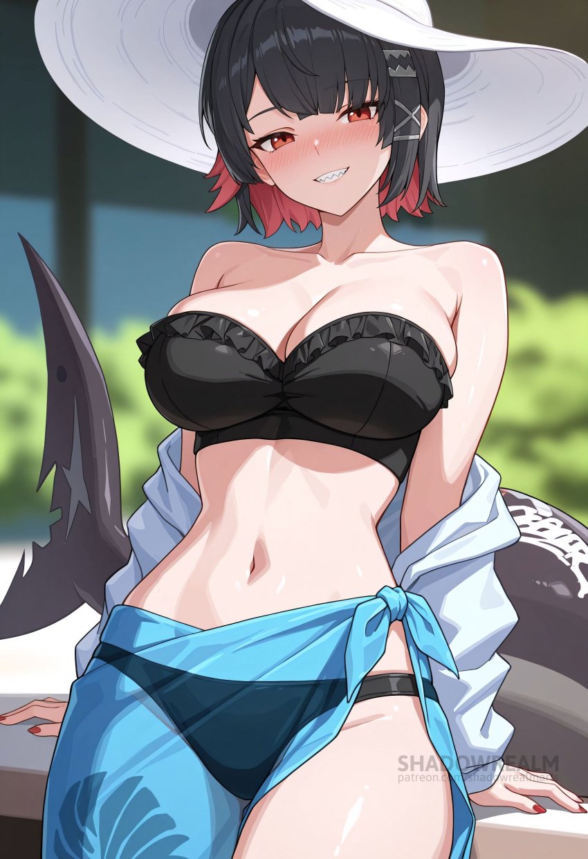ai_generated bare_shoulders bikini black_bikini black_hair blurry_background blush breasts cleavage collarbone colored_inner_hair ellen_joe female fish_tail grin hair_ornament hat jacket large_breasts looking_at_viewer multicolored_hair navel not_a_vtuber off_shoulder red_eyes red_hair red_nails sarong shadowrealmarts shark_tail sharp_teeth short_hair smile solo stomach sun_hat swimsuit tagme tail teeth two-tone_hair uncensored white_headwear zenless_zone_zero