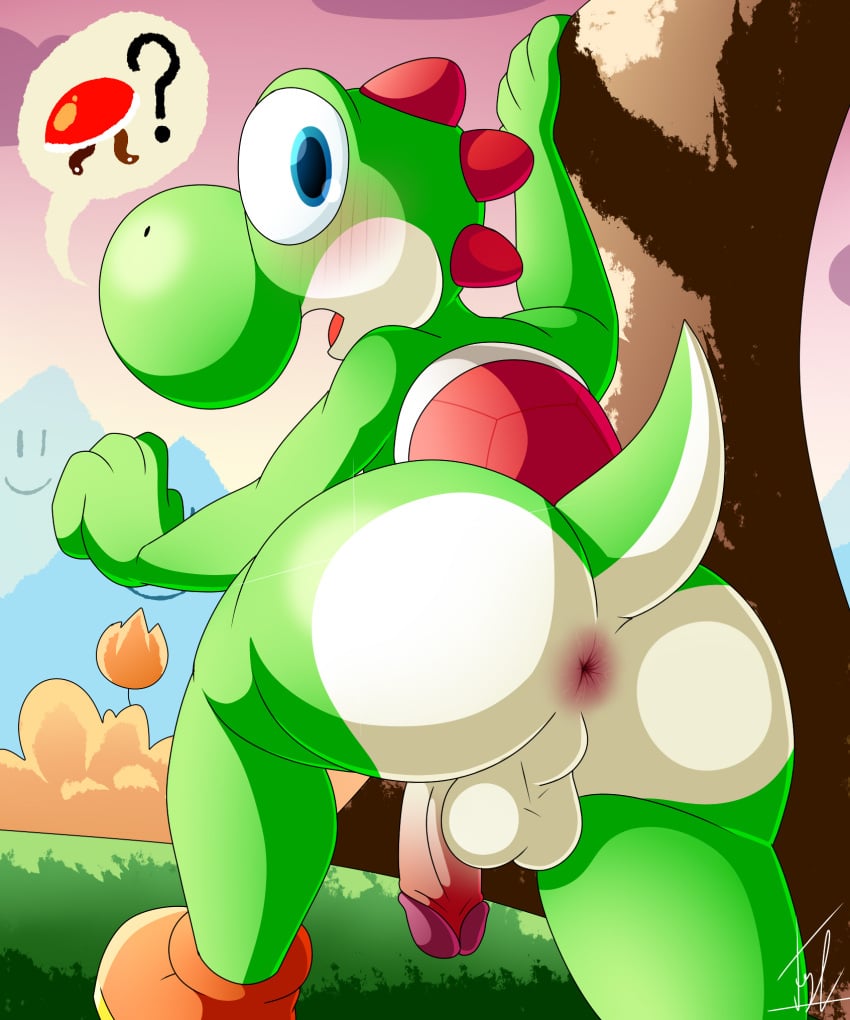 anthro anus ass balls big_butt blue_eyes blush clothing digital_media_(artwork) footwear genitals green_body green_yoshi hi_res huge_butt humanoid_genitalia humanoid_penis lechugansfw looking_at_viewer looking_back looking_back_at_viewer male mario_bros multicolored_body nintendo nude penis rear_view shell shoes solo speech_bubble two_tone_body white_body yoshi