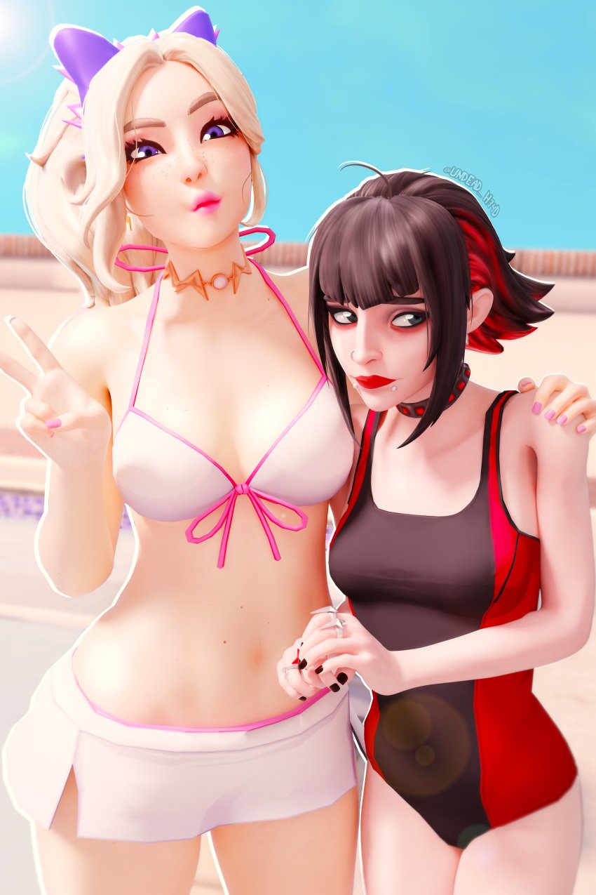 3d 3d_(artwork) bikini black_hair blender blender_(software) blonde_hair bow choker duo fortnite fortnite:_battle_royale freckles haylee_skye_(fortnite) lipstick morgan_myst_(fortnite) one-piece_swimsuit peace_sign size_difference swimsuit swimwear undead_h34d