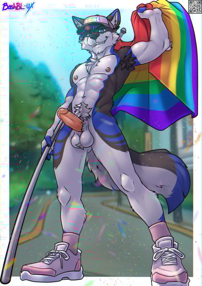 anthro armpit armpit_hair balls bashbl-ux body_hair canid canine canis clothing flag footwear genitals happy_trail hi_res lgbt_pride male male/male mammal pink_clothing pink_footwear pink_shoes pride_colors pubes public public_nudity qr_code rainbow_flag rainbow_pride_flag rainbow_symbol shoes solo street wolf