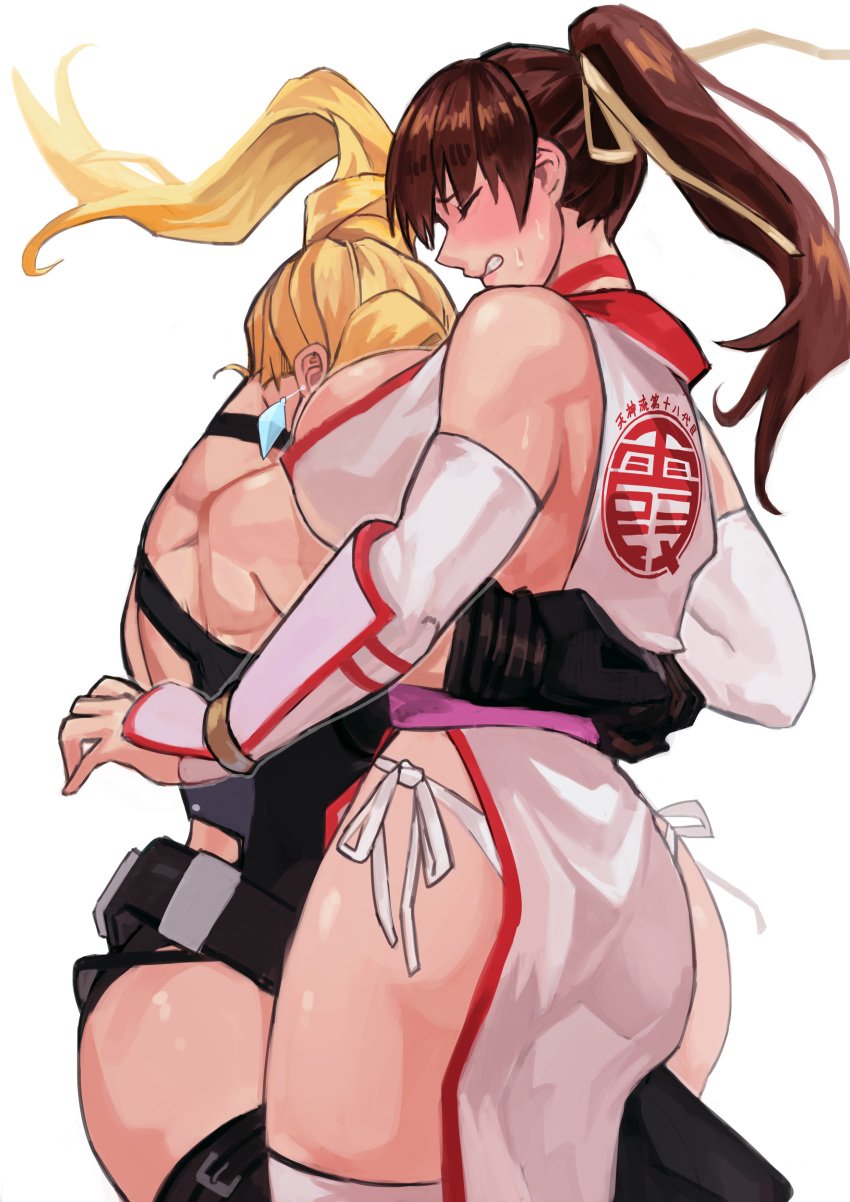 2girls absurdres artist_request ass bearhug blonde_hair blush breast_smother breasts brown_hair catfight choker cleavage cleavage_overflow cling clothed dead_or_alive female female_only head_in_cleavage highres hug human human_only kasumi_(doa) kunoichi large_breasts long_hair motorboating multiple_females multiple_girls ninja_gaiden ponytail rachel_(ninja_gaiden) revealing_clothes simple_background source_request tecmo thick_thighs white_background wide_hips yuri