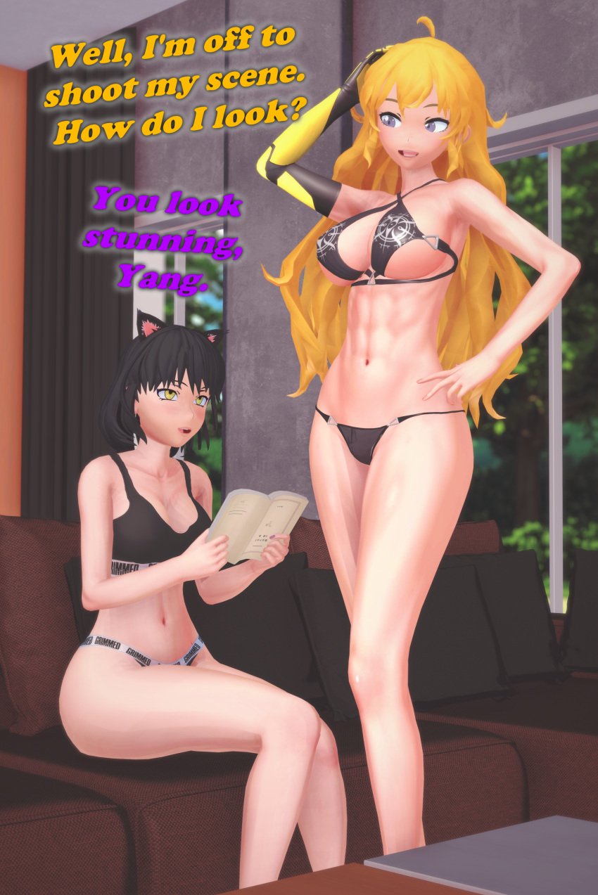 2girls abs arrancon bikini bikini_bottom bikini_top black_hair black_hair_female blake_belladonna blonde_female blonde_hair canon_couple cat_ears dialogue faunus female half-dressed half_naked long_hair long_hair_female purple_eyes robotic_arm rwby yang_xiao_long yellow_eyes