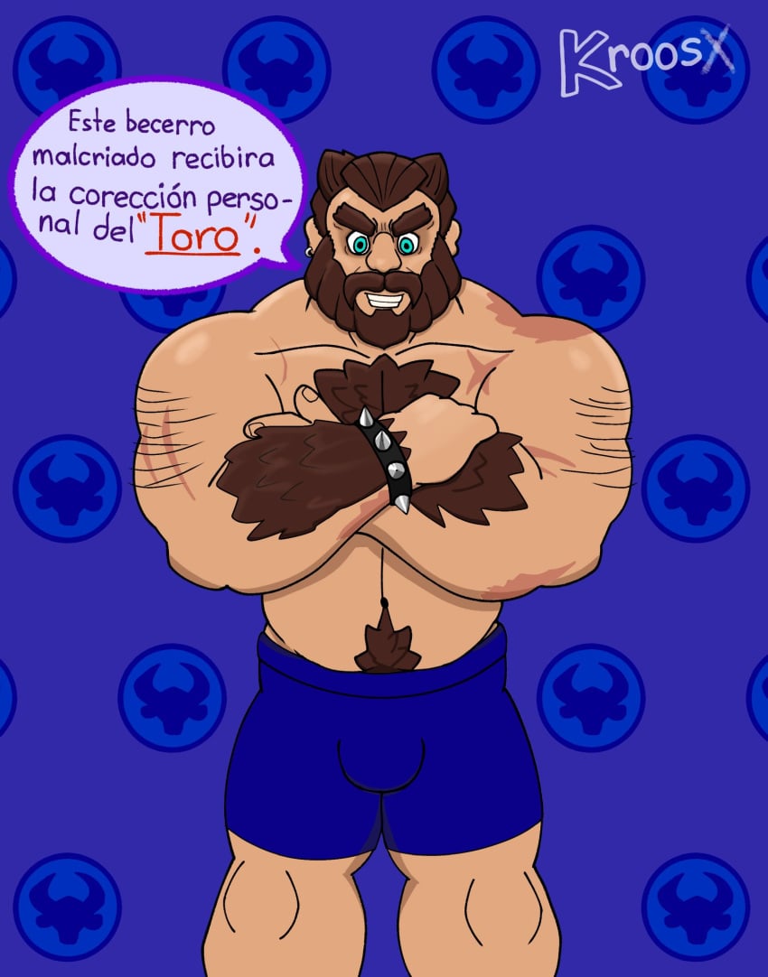 bara breasts bulge daddy dilf exposed_breasts gay hair huge_breasts male miraculous_ladybug muscular provocative pubic_hair raul_bruel redkroos simple_background solo spanish_text text text_bubble
