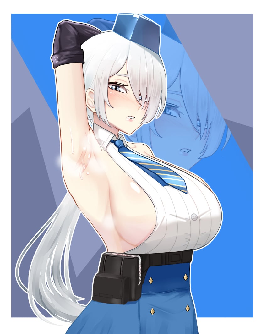 1girls 391_aji absurdres arm_up armpits bare_shoulders belt belt_pouch black_belt blue_eyes blue_headwear blue_necktie blue_skirt blush border breasts brid_(nikke) bridal_gauntlets collarbone collared_shirt commentary female goddess_of_victory:_nikke grey_hair hair_between_eyes high-waist_skirt highres large_breasts long_hair looking_at_viewer low_ponytail necktie parted_lips ponytail pouch shirt sideboob sidelocks skirt sleeveless sleeveless_shirt solo standing striped_necktie sweat underbust upper_body white_border white_shirt zoom_layer