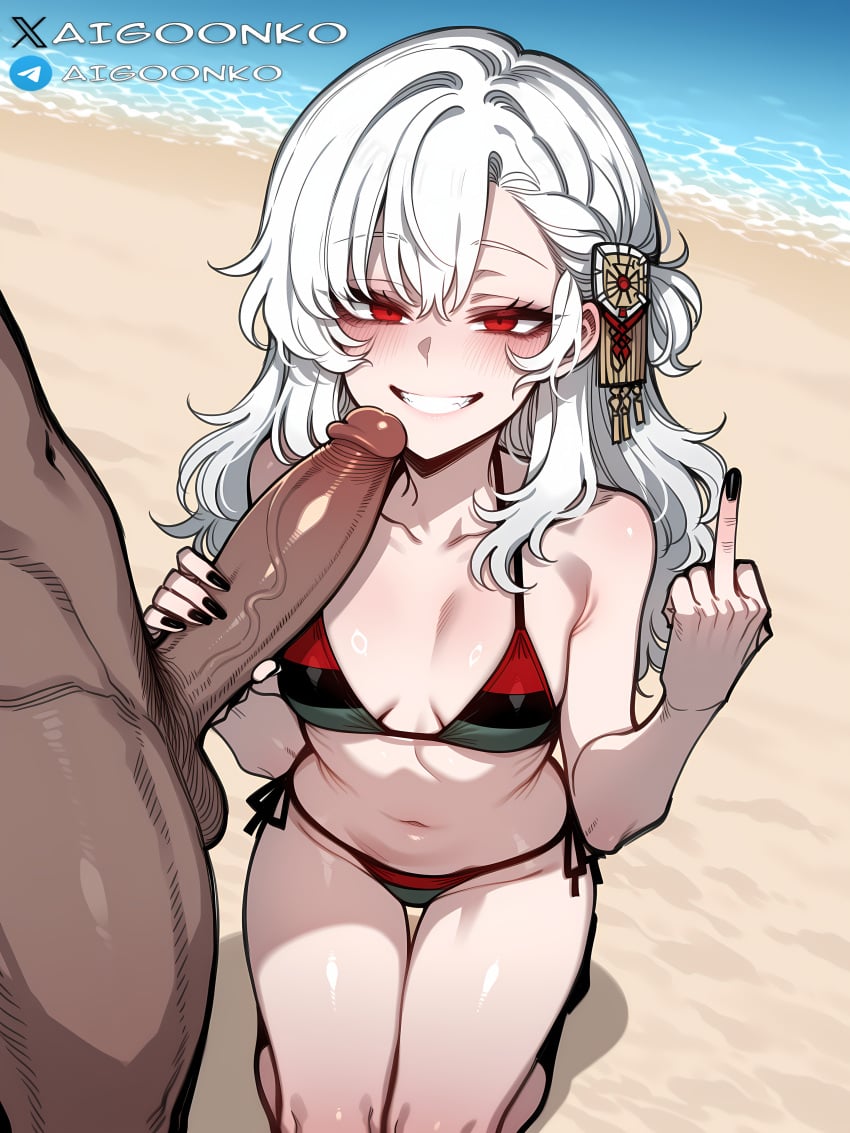 1boy 1girls ai_generated aigoonko alpha_1918 beach bikini black_nails dark-skinned_male flag_bikini hair_ornament holding_penis interracial kneeling light-skinned_female looking_at_viewer middle_finger red_eyes small_breasts smile tagme white_hair
