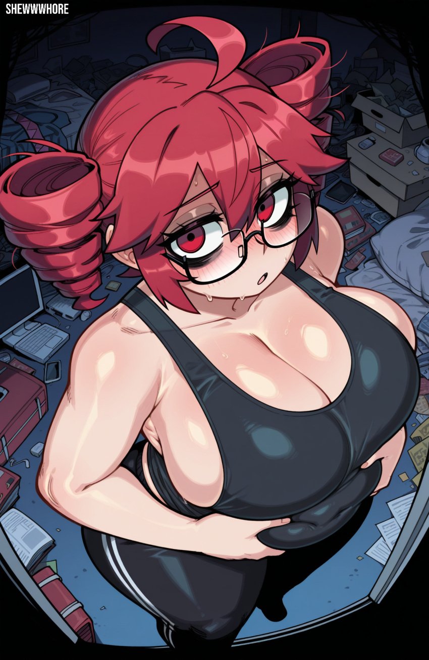 1girls ai_generated alternate_costume bags_under_eyes big_ass big_breasts black_shirt fat fat_female from_above full_body kasane_teto midriff plump shewwwhore sleeveless sleeveless_shirt thick_eyelashes thick_thighs utau