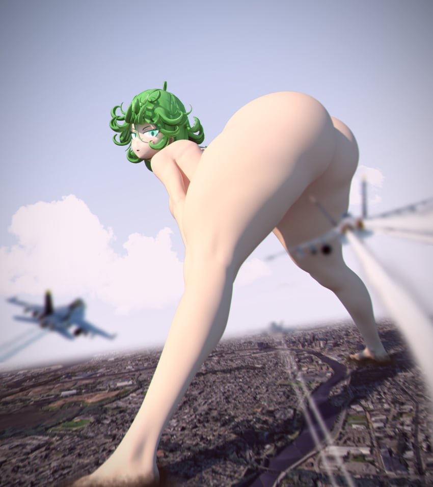 1girls 3d airplane annoyed ass ass_focus bent_over bored city city_destruction destruction female fighter_jet giantess hands_on_knees jet kamicamie naked one-punch_man tatsumaki