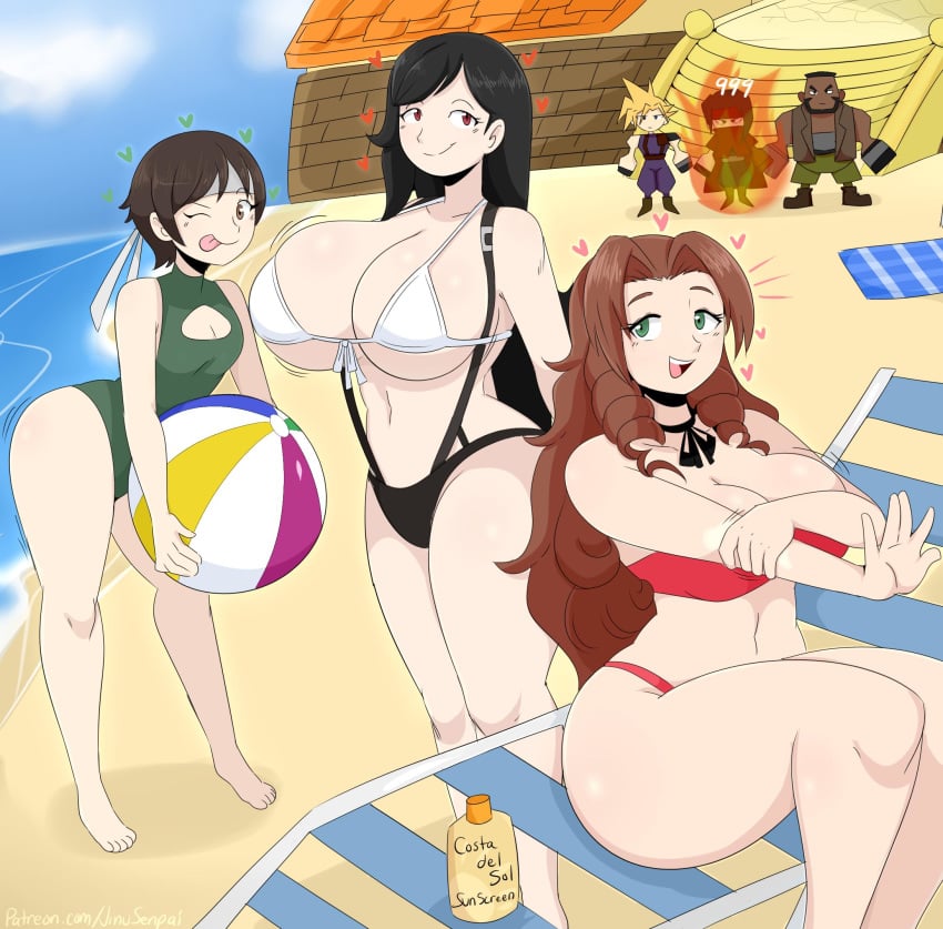 3girls aerith_gainsborough barefoot barret_wallace big_breasts bikini bra breasts burning chibi_inset cleavage cloud_strife female final_fantasy final_fantasy_vii fire huge_ass huge_breasts jinu large_breasts looking_at_viewer low_poly male naughty_face one-piece_swimsuit seductive seductive_smile smile swimsuit thick_thighs tifa_lockhart tongue tongue_out vincent_valentine yuffie_kisaragi