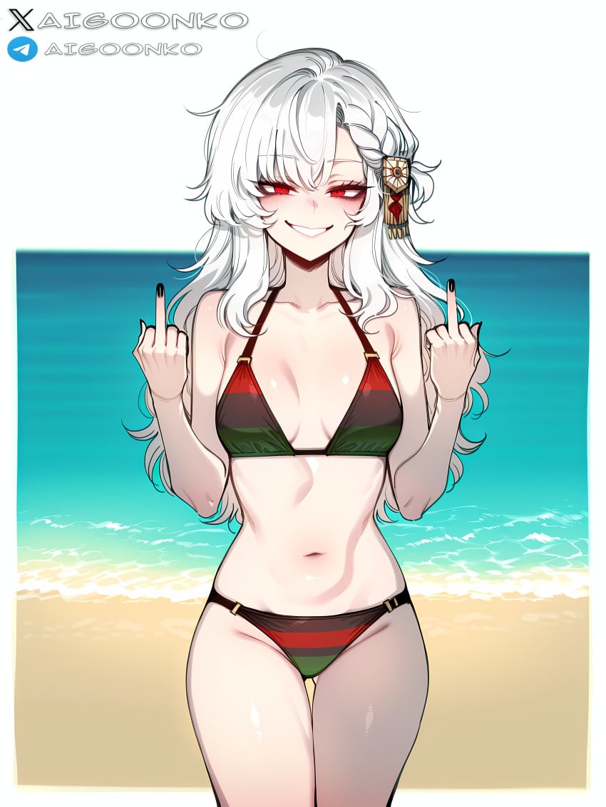 ai_generated aigoonko alpha_1918 bikini black_nails breasts female flag_bikini hair_ornament long_hair looking_at_viewer middle_finger red_eyes russia russian small_breasts smile white_hair
