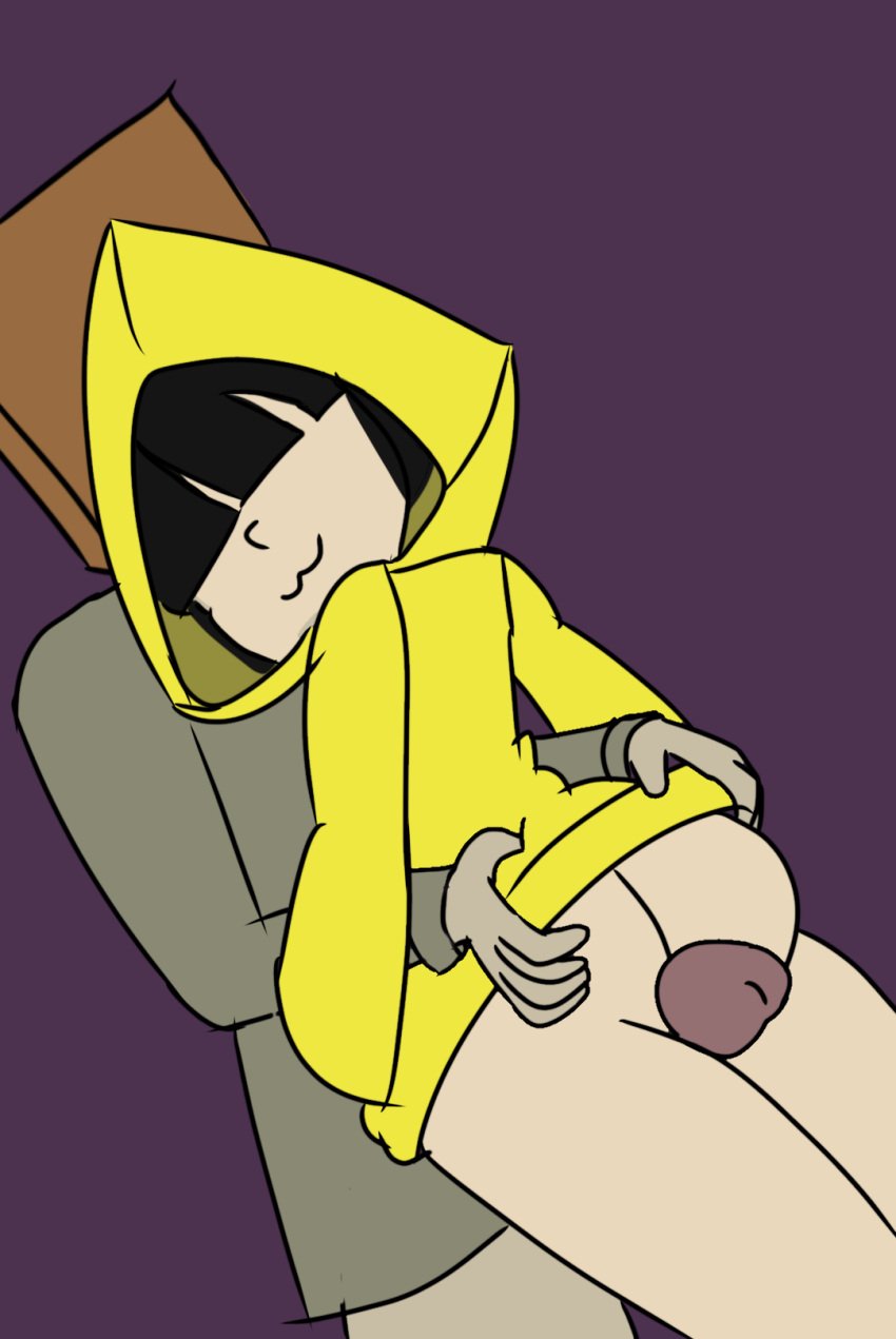 ass ass_grab bag bag_over_head hair_covering_eyes half_naked jacket looking_back mono_(little_nightmares_2) no_panties no_pants penis raincoat six_(little_nightmares) smug smug_face thigh_sex thigh_sex thighs yellow_clothing