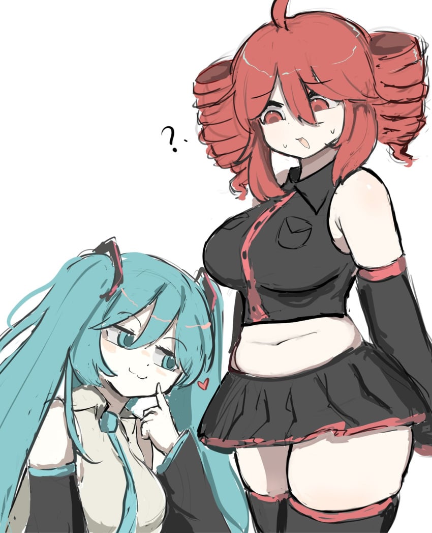 2girls :3 ? absurd_res absurd_resolution absurdres aqua_hair armwear bare_midriff bare_shoulders big_breasts black_armwear black_skirt black_sleeves blue_eyes blue_hair blush blush_lines blush_stickers breasts busty chubby chubby_female drill_hair exposed_midriff fatass_teto_(meme) female female_focus female_only grey_shirt hatsune_miku heart heart_around_head hearts_around_head hi_res high_resolution highres implied_yuri kasane_teto kasane_teto_(utau) large_breasts light-skinned_female light_skin long_hair looking_at_another looking_at_partner melink_(artist) meme midriff multiple_girls navel necktie plump red_eyes red_hair shirt simple_background skirt sleeveless slightly_chubby slightly_chubby_female smirk smirking staring sweat sweatdrop sweatdrops sweaty_face thick_thighs thighhighs thighs tummy twin_drills twintails utau very_long_hair vocaloid white_background wide_hips