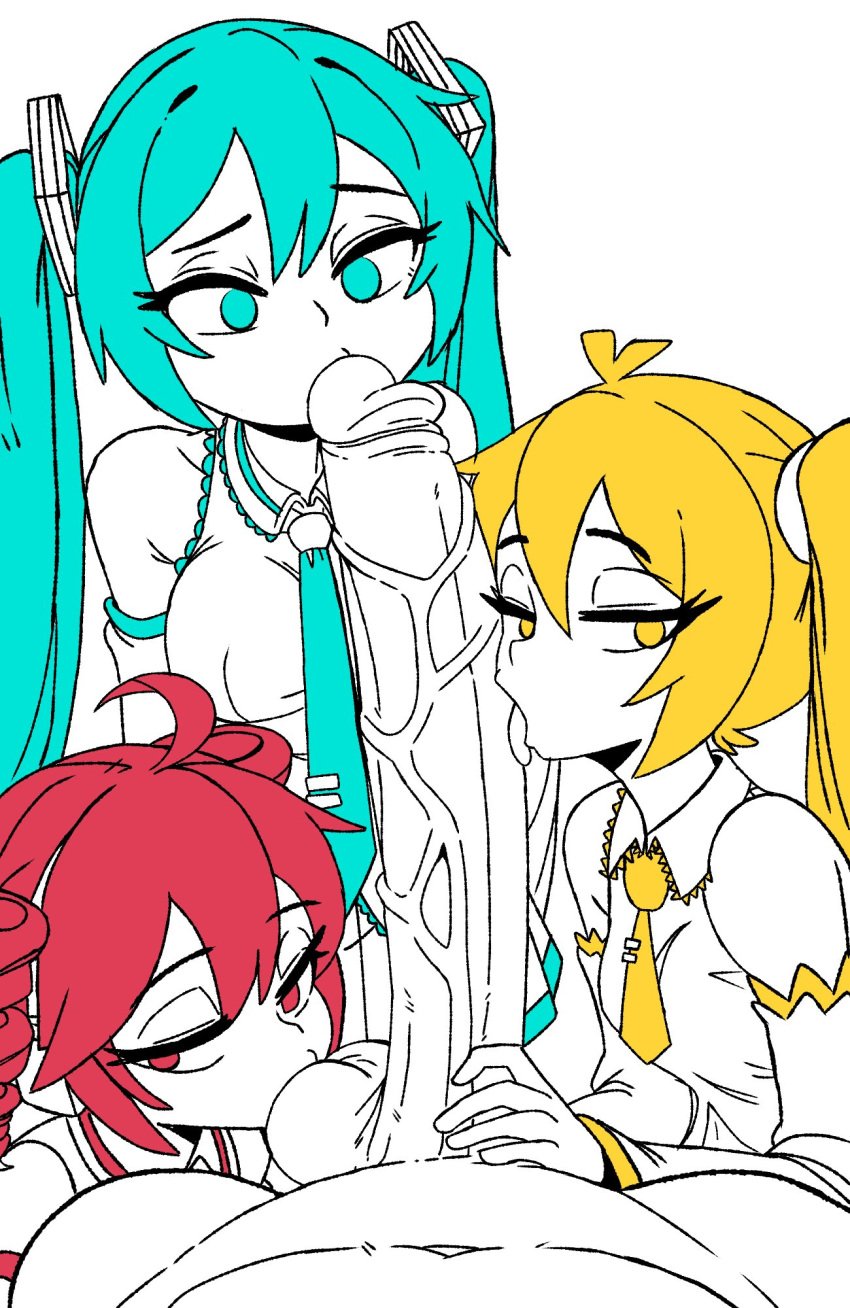 1boy 3girls 3girls1boy akita_neru artist_request big_breasts blowjob breasts foreskin hatsune_miku kasane_teto licking licking_penis long_penis male_pov nipples pov sucking sucking_balls sucking_penis triple_baka_(vocaloid) twin_drills twintails utau vocaloid yellow_hair