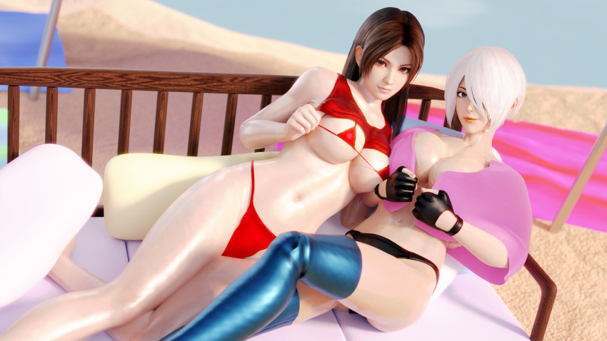 2girls 3d absurd_res adeptusinfinitus angel_(kof) big_breasts blender breasts cleavage highres king_of_fighters large_breasts looking_at_viewer mai_shiranui