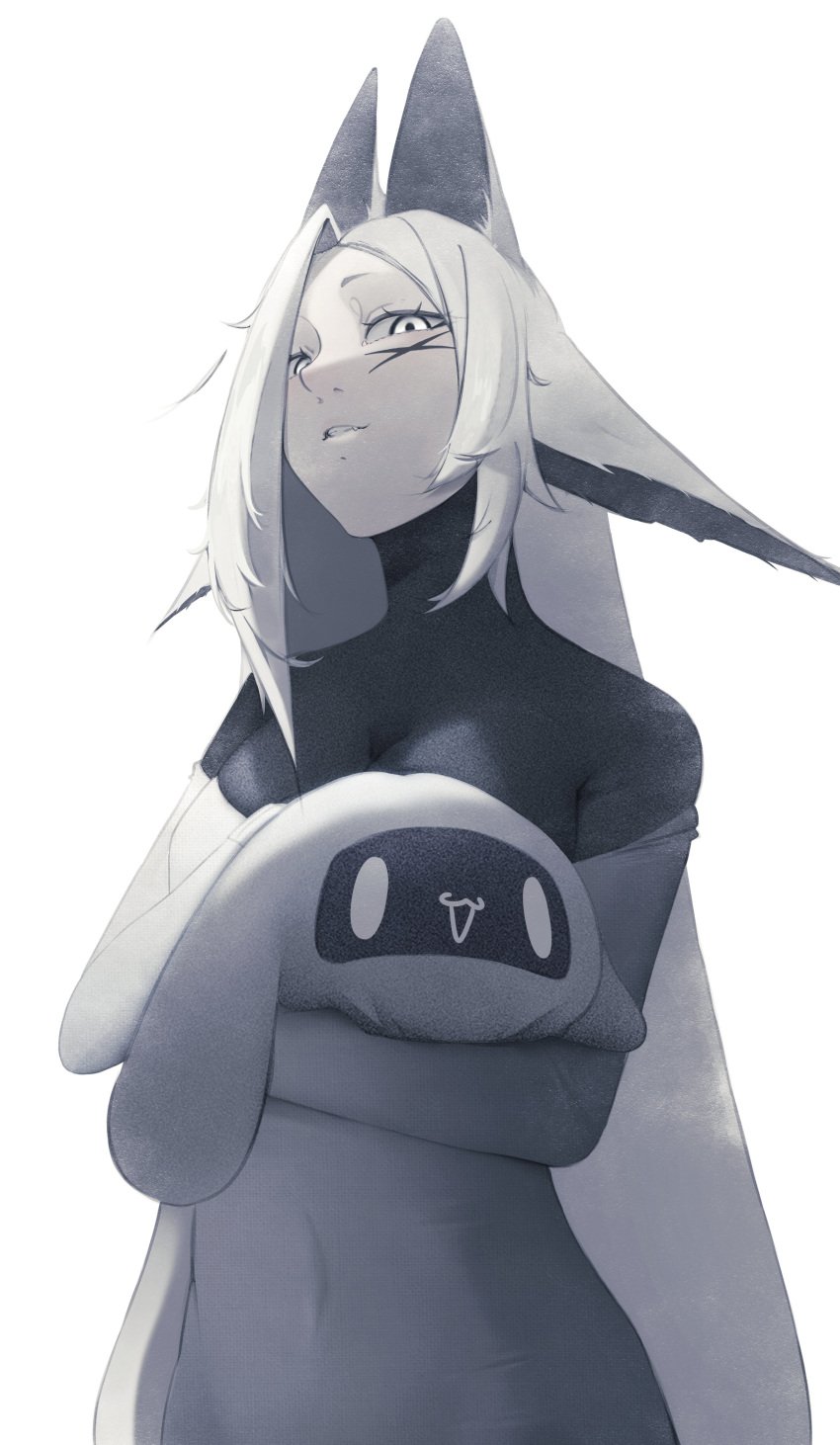 animal_ears bare_shoulders blue_skin blush closed_mouth dya_rikku_(vtuber) female greyscale long_hair looking_at_viewer monochrome navel off_shoulder smile solo striped striped_background vertical_stripes vyugen white_eyes white_hair