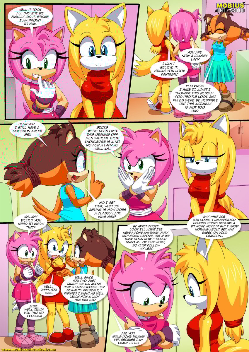 3girls amy_rose anthro bbmbbf comic dialogue female female_only mobian_(species) mobius_unleashed palcomix releasing_your_inner_wild_side_(comic) sega sonic_(series) sonic_boom sonic_the_hedgehog_(series) speech_bubble sticks_the_badger zooey_the_fox