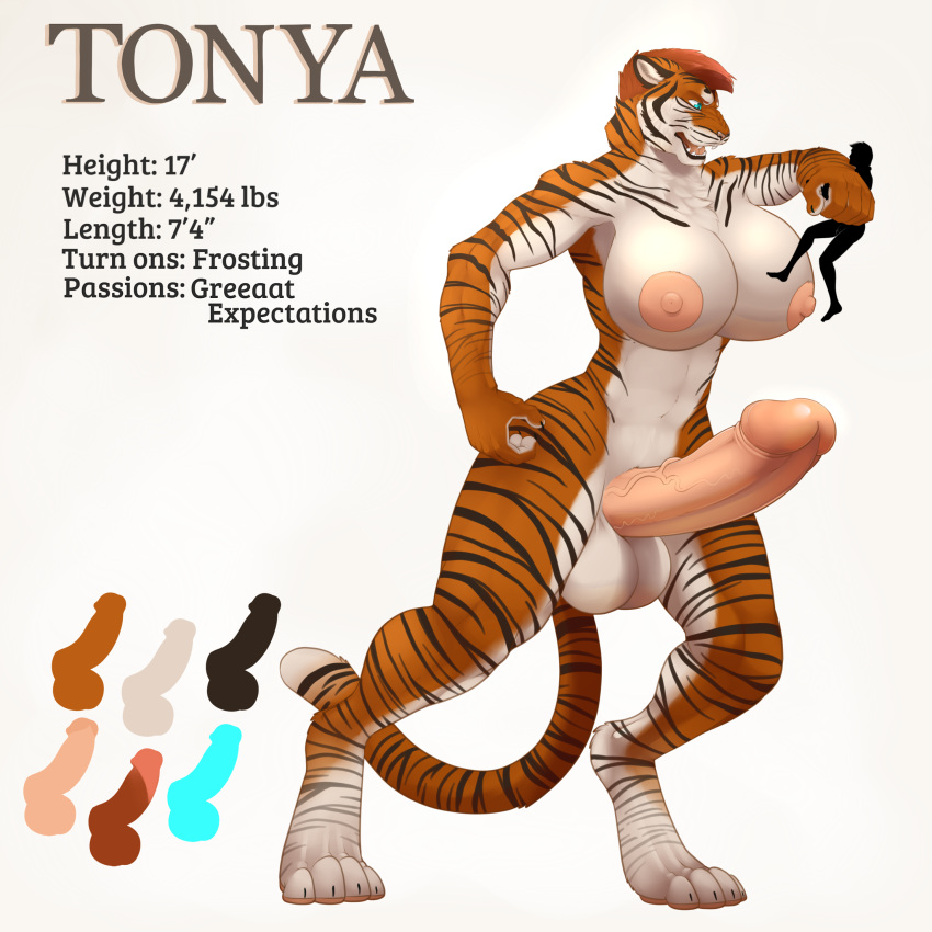 2018 4_toes anthro areola balls big_breasts blue_eyes breasts dickgirl duo english_text fangs fasttrack37d felid furry hair hi_res huge_breasts intersex macro mammal model_sheet nipples nude open_mouth pantherine penis simple_background size_difference slit_pupils stripes text tiger toes vein