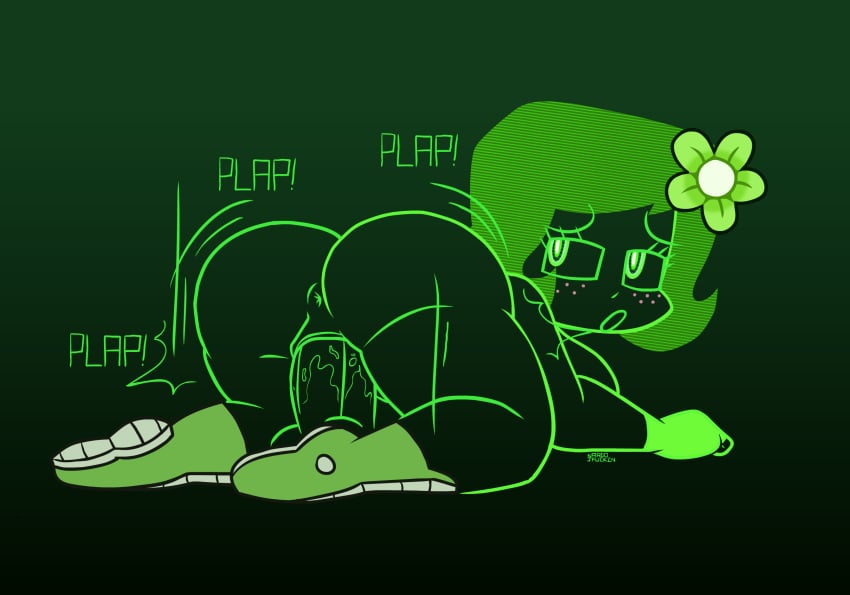 anus artist_signature artist_upload ass big_ass brain_dump breasts burnbot dildo dildo_in_pussy flower_in_hair freckles_on_face green_boots green_eyes green_hair hotdiggedydemon nardojfuckin pussy riding_dildo tagme tv