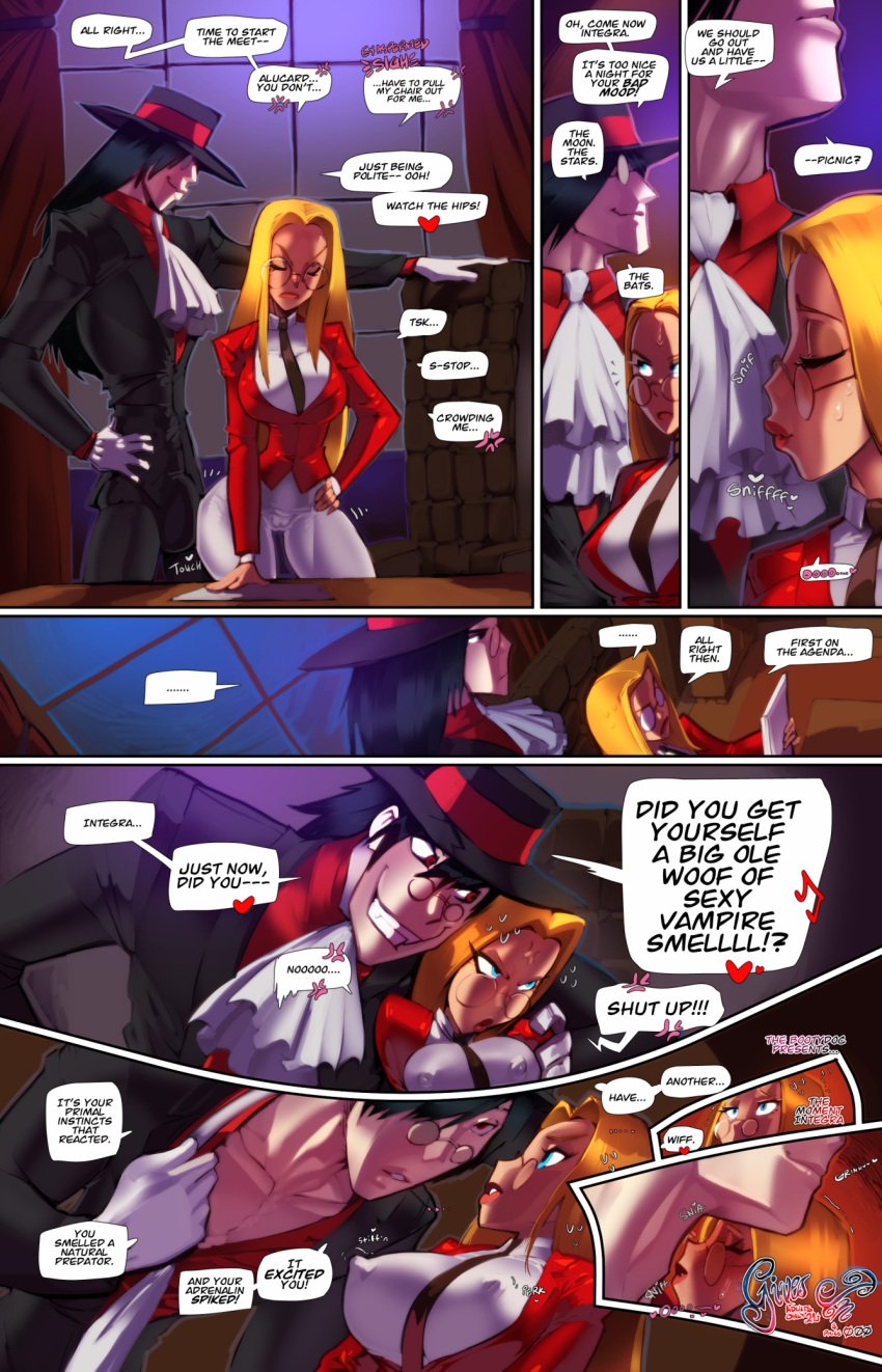 1boy 1girls alucard_(hellsing) big_breasts black_hair blonde_hair blue_eyes clothed clothing color comic comic_page english_text female fred_perry hat hellsing hellsing_ultimate hi_res integra_hellsing large_breasts light-skinned_female light_skin long_hair male male/female nipple_bulge page_1 red_eyes sniffing tagme text text_bubble thick_thighs vampire