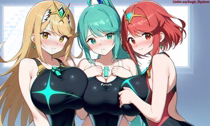 3girls aegis_elysium ai-assisted ai-generated ai_art ai_assisted ai_generated alluring big_breasts bikini blush breasts breasts_bigger_than_head breasts_pressed_together breasts_squeezed_together cleavage core_crystal day dress earrings edit edited elbow_gloves female female_focus gem gloves grabbing grabbing_another's_breast grabbing_breast grabbing_breasts green_eyes green_hair groping hair_ornament headpiece highres holding holding_breast holding_breasts huge_breasts indoors jewelry large_breasts long_hair looking_at_viewer multiple_girls mythra mythra_(xenoblade) navel nintendo pneuma pneuma_(xenoblade) ponytail pool pressing_breasts pressing_breasts_together pyra pyra_(xenoblade) red_eyes room sexy standing stars swept_bangs swimsuit tiara touching_breast touching_breasts trio_focus very_long_hair water watermark window windows xenoblade_(series) xenoblade_chronicles_(series) xenoblade_chronicles_2 yellow_eyes