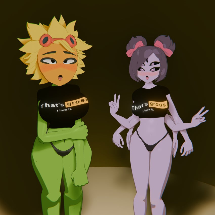 2girls ahe_gao arachnid ass big_ass big_breasts big_thighs blush breasts female female_only flora_fauna green_body green_skin huge_breasts monster monster_girl muffet panties plant plant_girl plants_vs_zombies plants_vs_zombies:_heroes pornhub purple_skin pvz shadow2405 solar_flare_(pvz) sunflower_(pvz) t-shirt tights tongue tongue_out undertale undertale_(series)