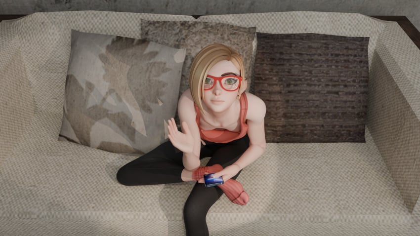 1girl 1girls 3d black_legwear blender blonde_hair breasts clothed confused couch darcy_redd down_blouse downblouse glasses holding_object leaning_forward looking_at_viewer looking_up nipples red_clothing sitting small_breasts socks solo solo_female tights