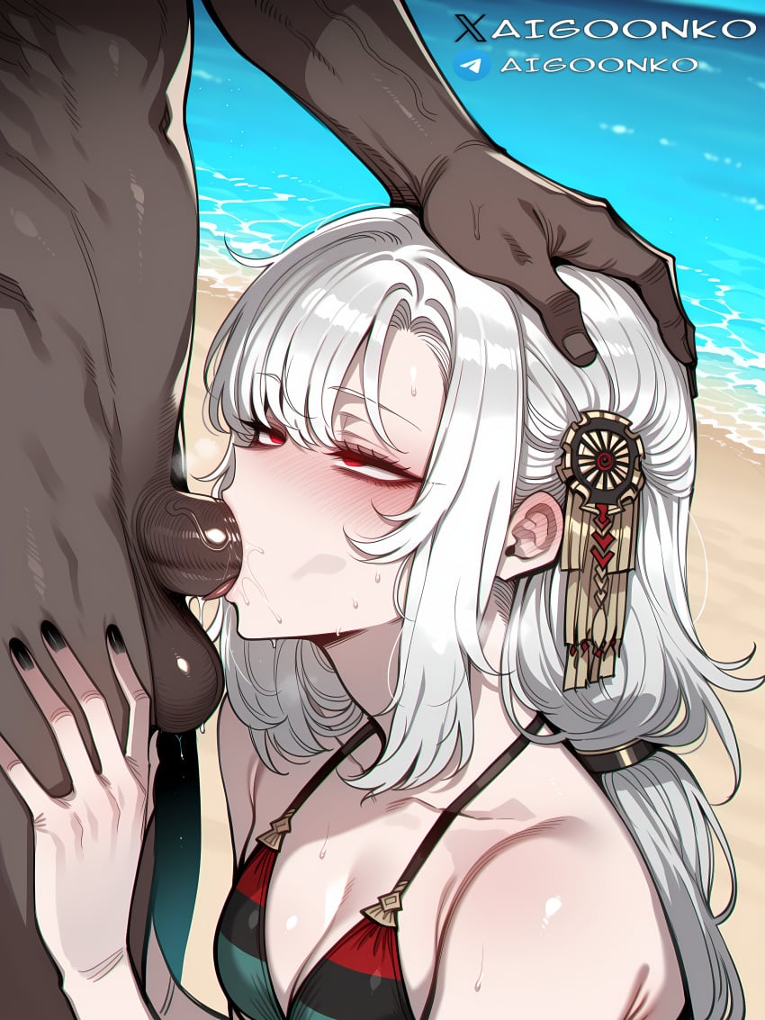 1boy 1girls ai_generated aigoonko alpha_1918 beach bikini blowjob breasts dark-skinned_male dark_skin deepthroat fellatio female flag_bikini hair_ornament hand_on_hip holding_head interracial kneeling large_penis light-skinned_female light_skin looking_at_penis male oral pan-african_flag_bikini penis precum red_eyes rolled_eyes small_breasts tagme white_hair