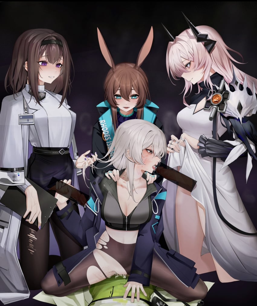 amiya_(arknights) arknights bite_marks censored doctor_(arknights) female female_doctor_(arknights) futanari intersex kal&#039;tsit_(arknights) multiple_futa priestess_(arknights) sumi_1800 theresa_(arknights) torn_pantyhose