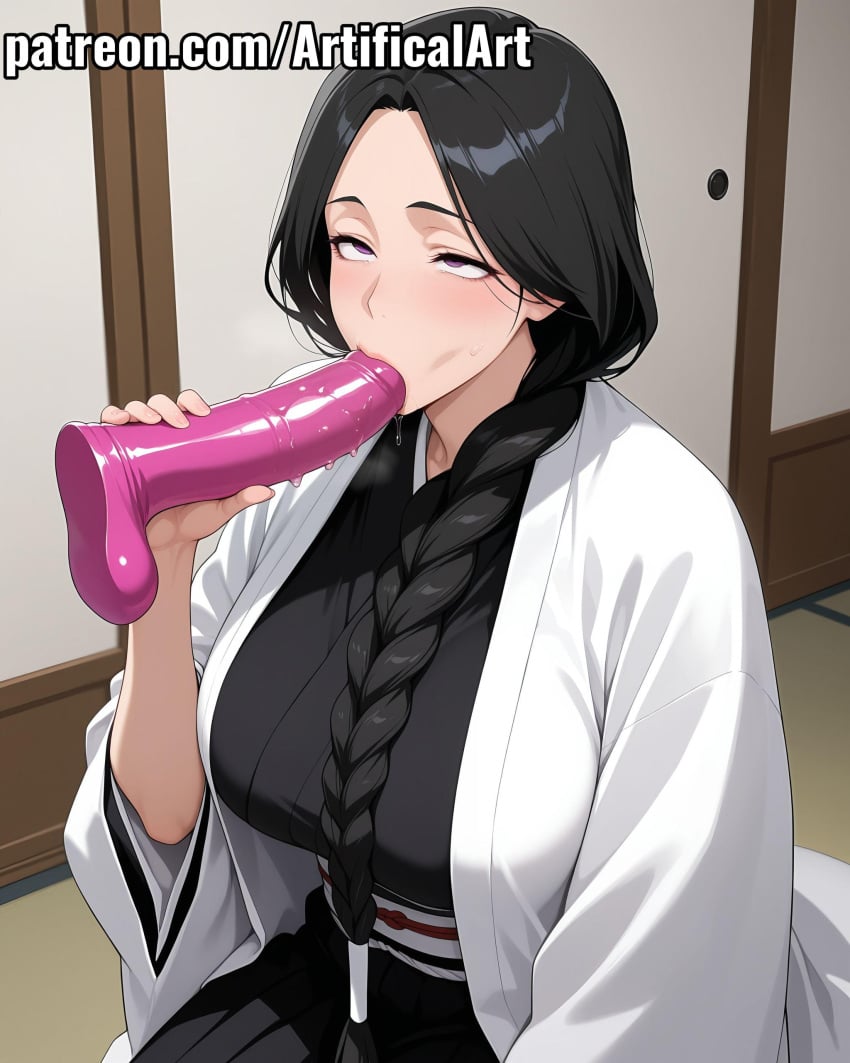 1girls ai_generated artifical_art big_breasts black_hair bleach bleach:_the_thousand-year_blood_war blush braid braided_hair curvaceous_female curvaceous_figure dildo dildo_in_mouth female female_masturbation haori japanese_clothes kimono light-skin light-skinned_female long_hair masturbation mature mature_female milf oral oral_masturbation perfect_body purple_eyes sex_toy solo sucking sucking_dildo unohana_retsu voluptuous_female