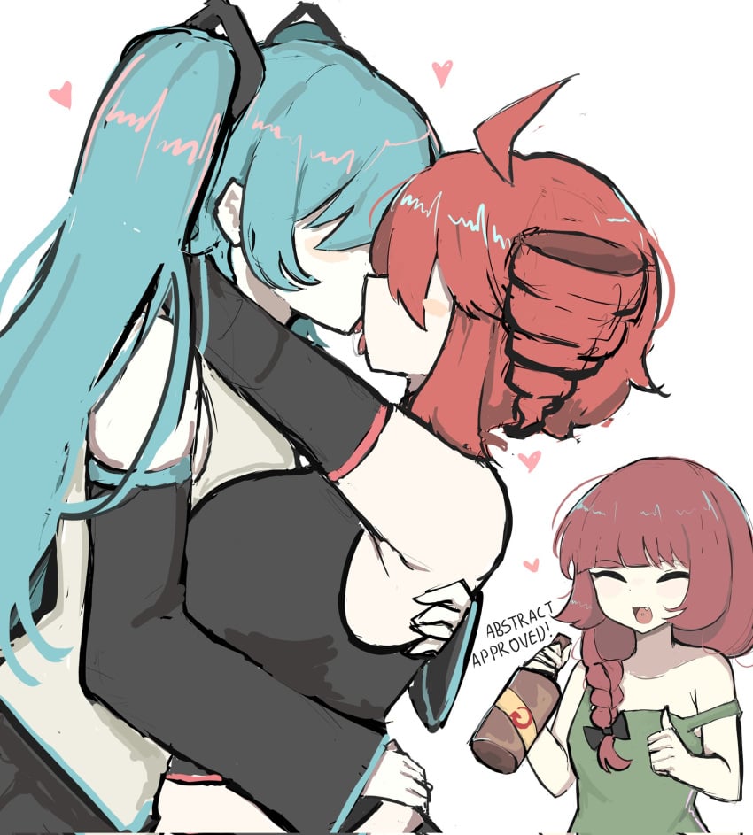 3girls absurd_res absurd_resolution absurdres armwear bare_midriff bare_shoulders big_breasts black_armwear black_skirt blue_hair blush blush_lines blush_stickers bocchi_the_rock! breasts busty chubby chubby_female drill_hair duo duo_focus embrace embracing exposed_midriff fatass_teto_plush female female/female female_focus female_on_female female_only french_kiss french_kissing hair_covering_eye hair_covering_eyes hair_over_eyes hatsune_miku heart hearts_around_head hi_res high_resolution highres hiroi_kikuri holding_another hugging kasane_teto kissing large_breasts lesbian_kiss light-skinned_female light_skin melink_(artist) meme midriff navel passionate red_hair saliva saliva_string saliva_trail sideboob simple_background skirt slightly_chubby slightly_chubby_female tongue tongue_kiss tongue_out tummy utau vocaloid white_background yuri